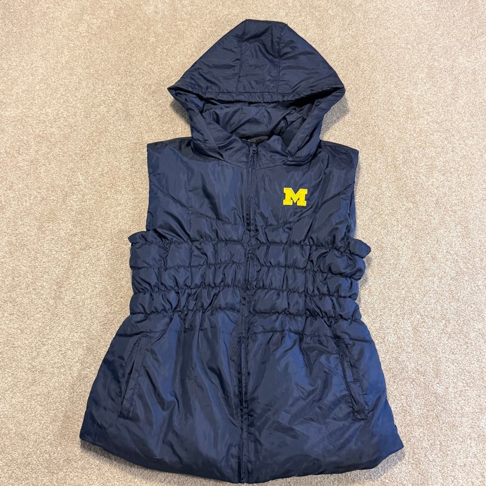 Michigan Wolverines Puffer Vest Women XL Navy Hooded Zip Up Colosseum